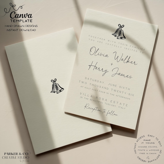 Wedding Bells Invitation Template | Whimsical Hand Drawn Design | Editable Canva Template (Digital Download)