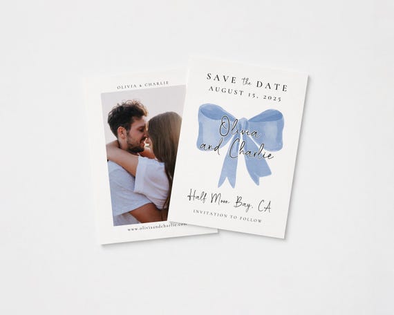 Editable Save the Date with Photo Card | Watercolor Bow Design | Canva Template (Digital Download)