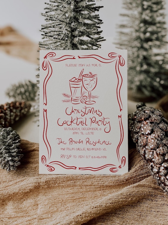 Editable Christmas Cocktail Party Invitation | Hand Drawn Festive Cocktail Design | Canva Template (Digital Download)