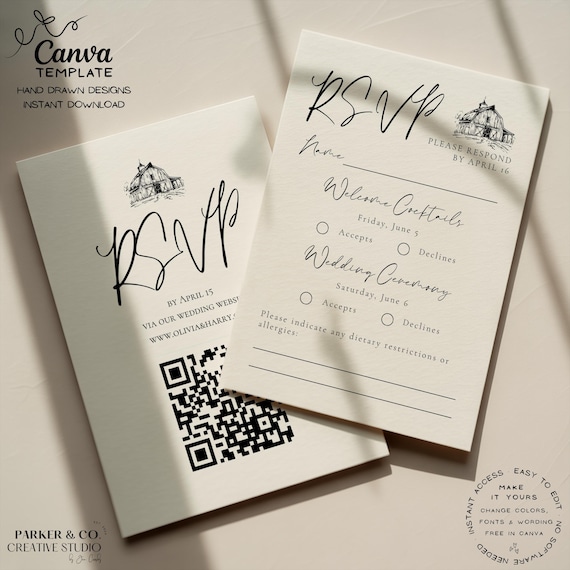 Editable Wedding RSVP Card | Hand Drawn Rustic Barn Design | Canva Template (Digital Download)