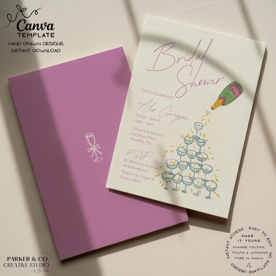 Editable Bridal Shower Invitation | Hand Drawn Champagne Tower Design | Canva Template (Digital Download)