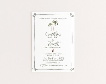 May include: A white wedding invitation card with a dark gray hand-drawn border, two small palm trees, and text reading: PLEASE JOIN US FOR OUR WEDDING DAY, Charlotte Cullen & Robert Brown-Smith, SATURDAY, JUNE 6 2025, 4:00PM TIL LATE, The Parker Hotel.
