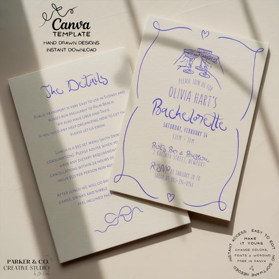 Editable Bachelorette Invitation with Details Card | Champagne Coupe Toasting Design | Canva Template (Digital Download)