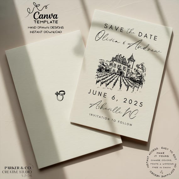 Editable Save the Date | Hand Drawn Italian Vineyard Villa Design | Canva Template (Digital Download)