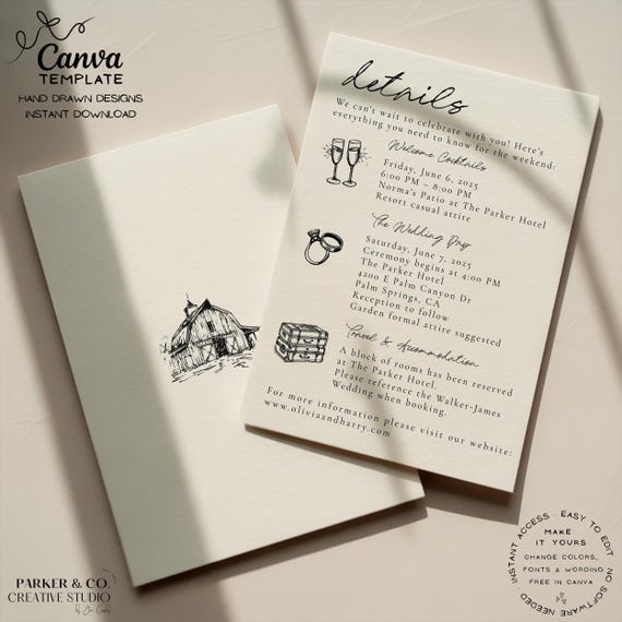 Rustic Barn Wedding Details Card | Editable Canva Template | Elegant Info Insert (Instant Download)