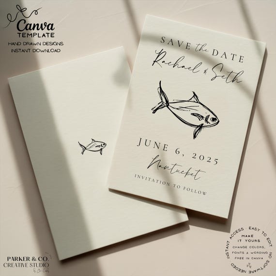 Editable Save the Date | Hand Drawn Mediterranean Fish Design | Canva Template (Digital Download)
