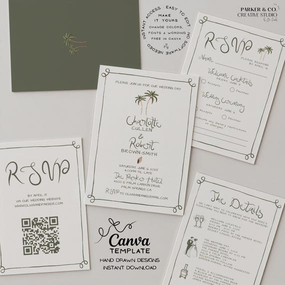 Whimsical Wedding Invitation Suite Template | Hand Drawn Coastal Design | Editable Canva Template (Digital Download)