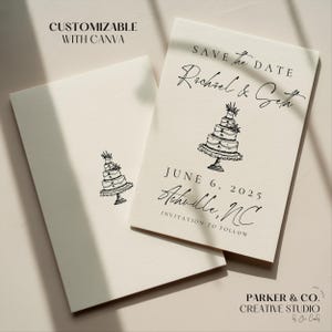 Customizable Save the Date Template | Hand Drawn Wedding Cake Design | Editable Canva Digital Download