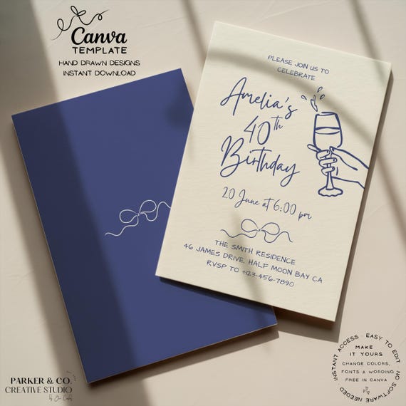 Editable Birthday Party Invitation | Hand Drawn Wine Toasting Design | Canva Template (Digital Download)