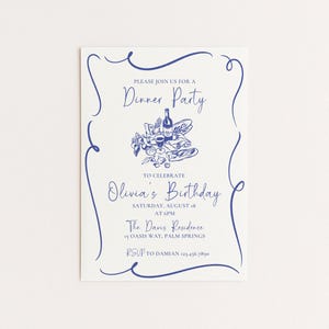 編集可能なディナーパーティー誕生日招待状｜手描き風の食べ物とワインのデザイン｜Canvaテンプレート（デジタルダウンロード）