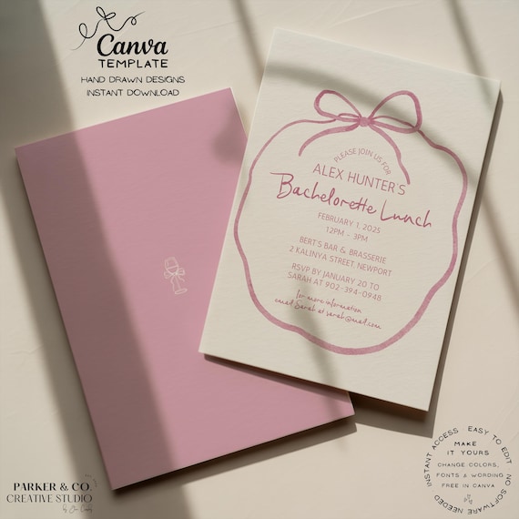 Editable Bachelorette Invitation | Hand Drawn Ribbon Design | Canva Template (Digital Download)
