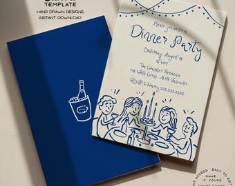 May include: A navy blue invitation with the text "Dinner Party" and event details. The invitation features hand-drawn illustrations of people at a table and a bottle in an ice bucket. The Canva template is an instant download.