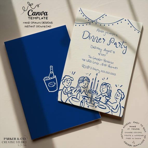 Whimsical Dinner Party Invitation | Hand Drawn Table Scene | Editable Canva Template (Digital Download)