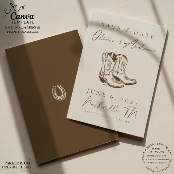 Editable Save the Date | Hand Drawn Rustic Cowboy Boots Design | Canva Template (Digital Download)