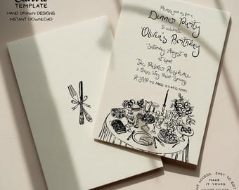 Editable Elegant Dinner Party Invitation | Hand Drawn Tablescape Design | Canva Template (Digital Download)