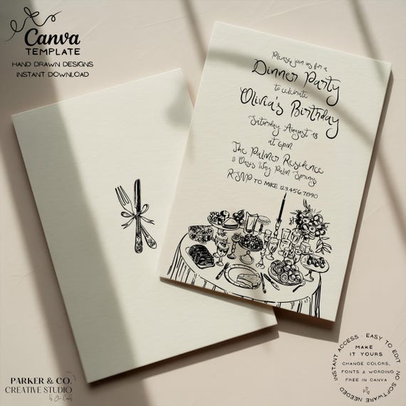 Editable Elegant Dinner Party Invitation | Hand Drawn Tablescape Design | Canva Template (Digital Download)