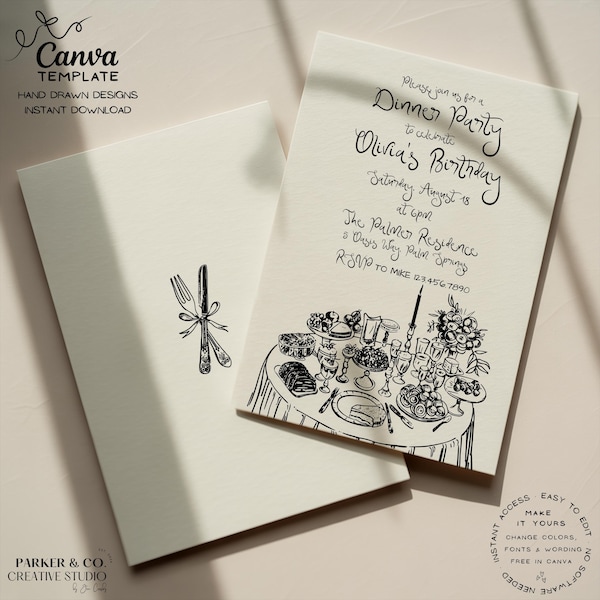 Editable Elegant Dinner Party Invitation | Hand Drawn Tablescape Design | Canva Template (Digital Download)