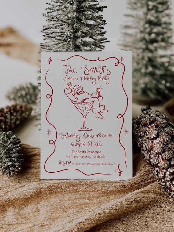 Editable Christmas Cocktail Party Invitation | Festive Santa Design | Canva Template (Digital Download)