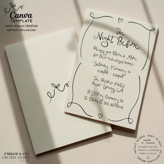 Editable Rehearsal Dinner Invitation | Whimsical Hand Drawn Design | Canva Template (Digital Download)
