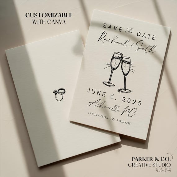 Editable Save the Date | Hand Drawn Champagne Toast Design | Canva Template (Digital Download)