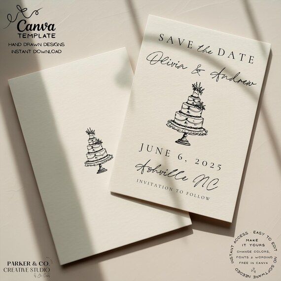 Editable Save the Date | Hand Drawn Wedding Cake Design | Canva Template (Digital Download)