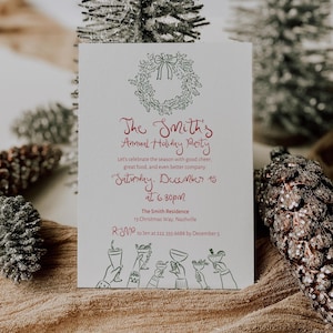 Op de afbeelding: Een witte uitnodigingskaart met rode en groene tekst en illustraties. De kaart luidt "The Smith's Annual Holiday Party" met details over het evenement, inclusief datum, tijd en locatie. Een groene krans en illustraties van toostende mensen zijn ook te zien.