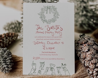 May include: A white invitation card with red and green text and illustrations. The card reads "The Smith's Annual Holiday Party" with details about the event, including the date, time, and location. A green wreath and illustrations of people toasting are also featured.