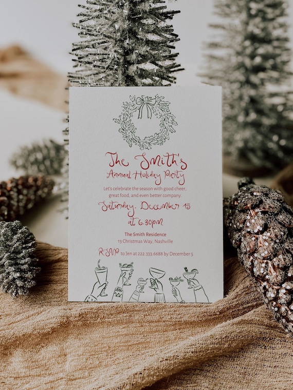 Editable Christmas Cocktail Party Invitation | Festive Wreath and Cocktail Design | Canva Template (Digital Download)
