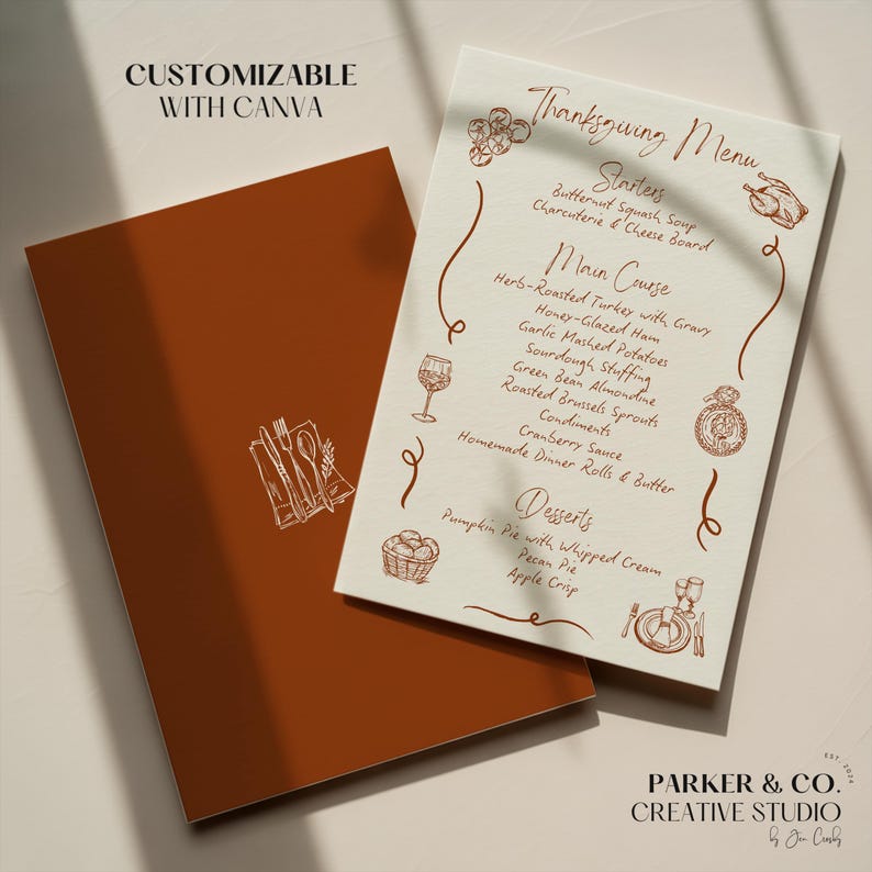 May include: A Thanksgiving menu with a brown cover and a cream-colored menu card. The menu card features a handwritten style font with menu items like Herb-Roasted Turkey and Pumpkin Pie. The cover reads "CUSTOMIZABLE WITH CANVA".