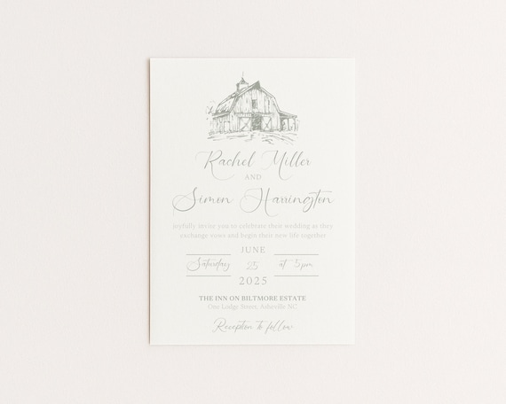 Sage Green Barn Wedding Invitation | Hand Drawn Rustic Design | Editable Canva Template (Digital Download)
