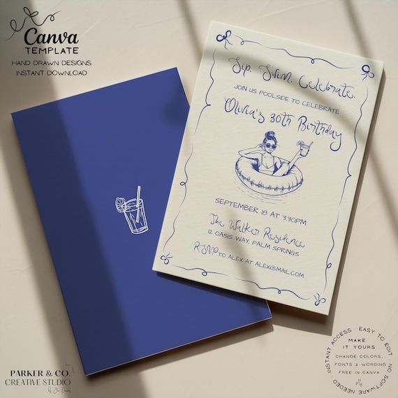 Editable Pool Party Invitation | Hand Drawn Pool Float Girl Design | Canva Template (Digital Download)