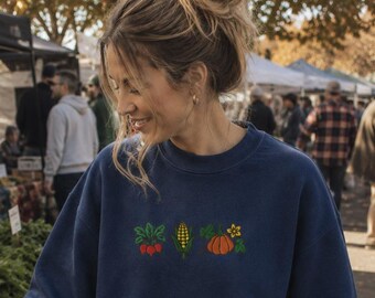 Embroidered Harvest Veggie Sweatshirt: Cottagecore Garden Crewneck