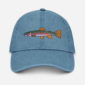 Chapéu jeans bordado com truta arco-íris, peixe vintage de arte popular, chapéu ajustável para pais, presente de pesca, bordado para pesca com mosca, chapéu para aventura ao ar livre