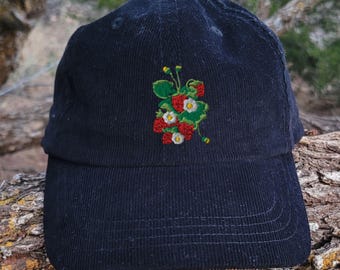Embroidered Strawberry Corduroy Hat: Cottagecore Garden Cap