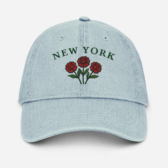 Embroidered Denim New York Floral Hat: Red Carnation  display picture 1