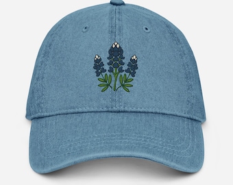 Bluebonnet Embroidered Denim Cap: Texas Wildflower Hat
