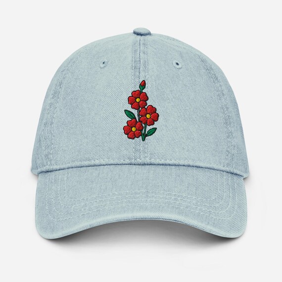 Floral Embroidered Denim Hat: Red Wildflower Baseball Cap  display picture 3
