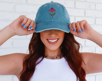 Embroidered Coneflower Denim Hat: Vintage Floral Baseball Cap