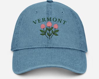 Embroidered Vermont Red Clover Denim Hat: Botanical Baseball Cap