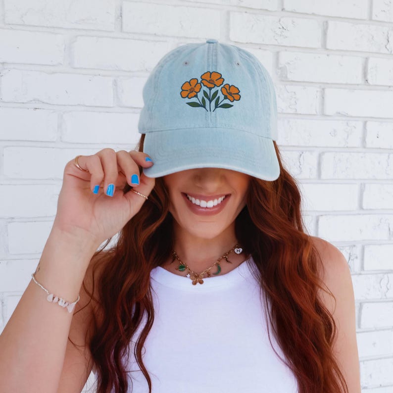 Embroidered Poppy Flower Denim Hat: Minimalist Botanical Baseball Cap Light Blue