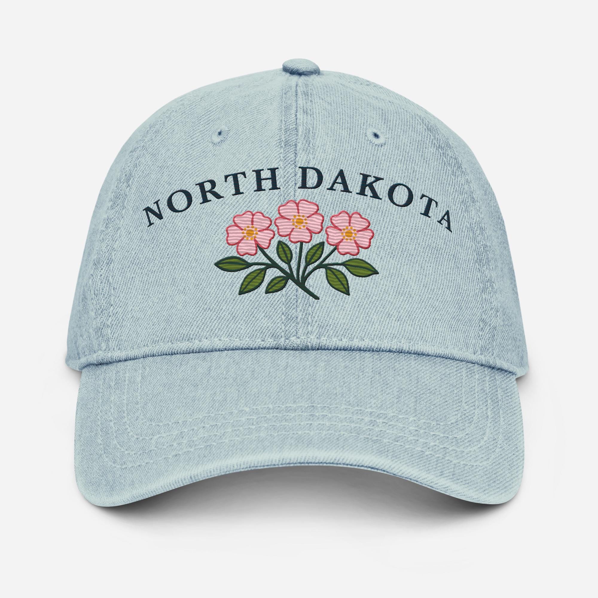 Embroidered Wild Prairie Rose Denim Hat: North Dakota State Flower