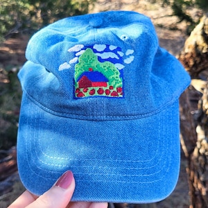 Embroidered Denim Hat: Vintage Countryside Landscape Art