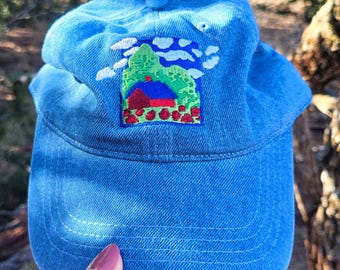 Embroidered Denim Hat: Vintage Countryside Landscape Art