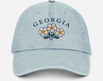 Embroidered Cherokee Rose Denim Hat: Georgia State Flower Cap