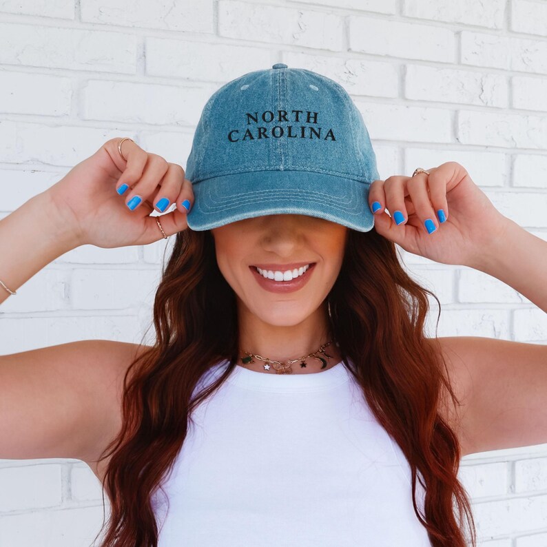 North Carolina Embroidered Denim Hat, Pigment-Dyed Cotton Low-Profile 6-Panel Cap Blue