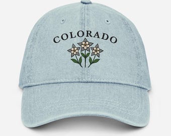 Embroidered Columbine Denim Hat: Colorado State Flower Baseball Cap