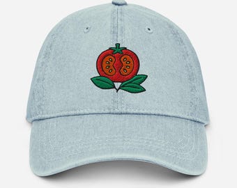 Embroidered Tomato Basil Denim Hat: Cottagecore Garden Veggie Cap