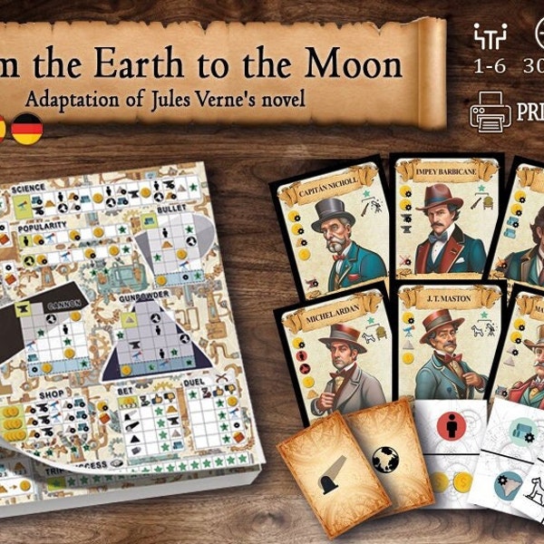 Jules Verne - From the Earth to the Moon - Print & Play Boardgame - printable - roll and write - gifts for gamers - adaptation of the novel