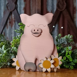 Pig Shelf Sitter SVG Laser Cut File Digital Download Farm Animal with Daisy Flowers xTool Glowforge