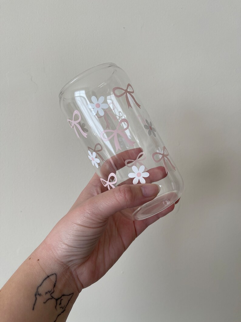 Pink Daisy Bow Glass Cup / Coquette Bow Glass Cup 16oz - Etsy